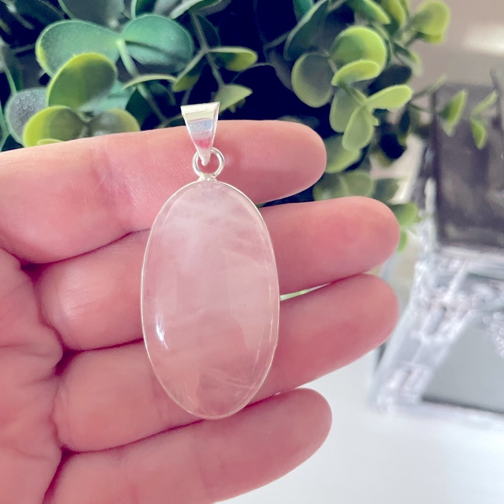 Gorguoes Rose Quartz Gemstone 925 Sterling Silver Large modern minimal Pendant
